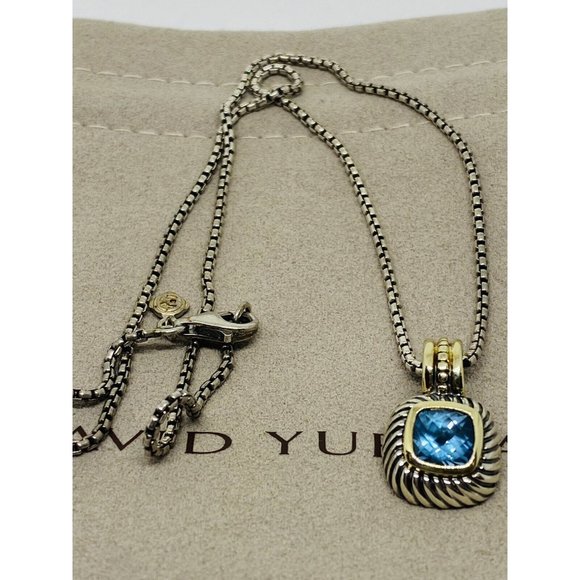 David Yurman Sterling Silver & 14k Blue Topaz Albion Pendant Enhancer 16.5”